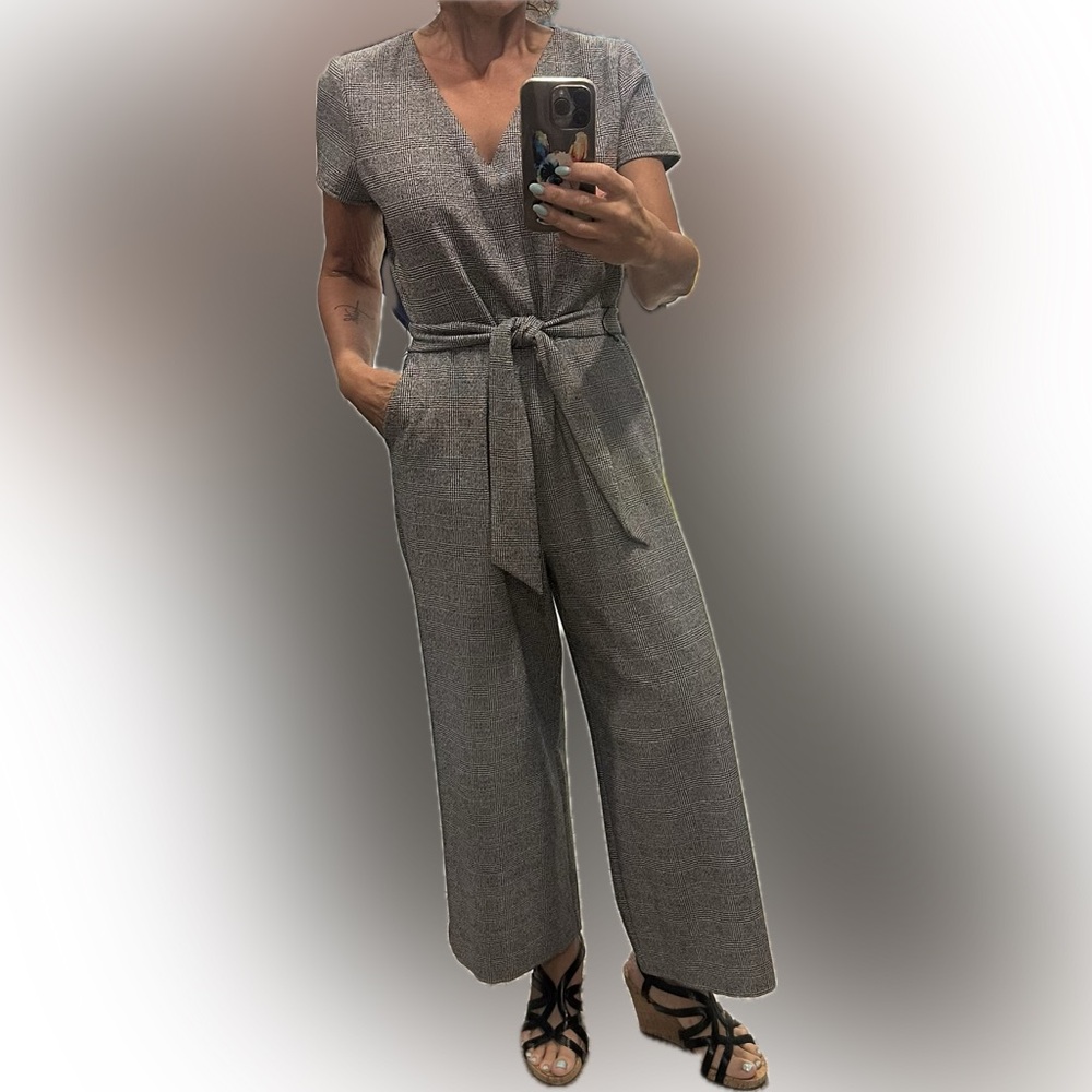 Ann Taylor Factory, Black and White (gray) small plaid, Tie-Waist Jumpsuit
